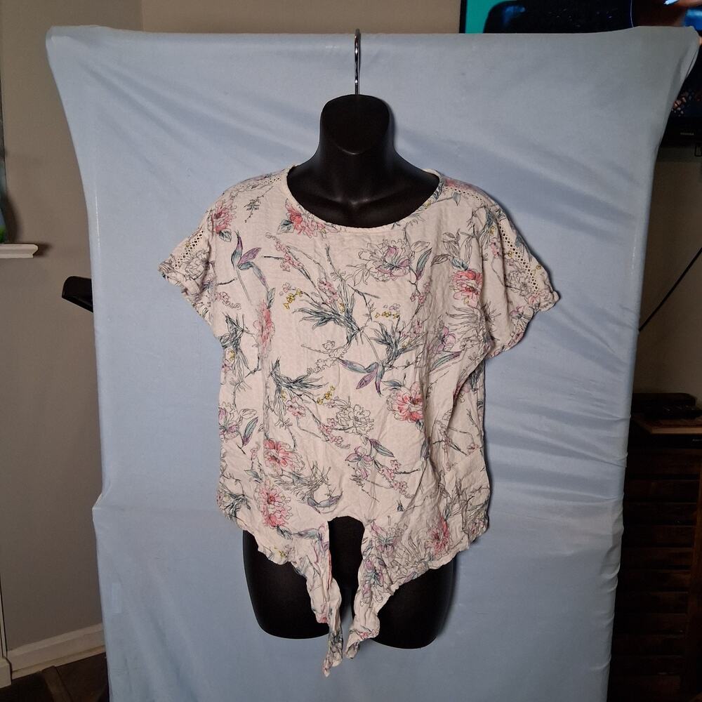 Women's Floral Print Tie-Front Short Sleeve Blouse